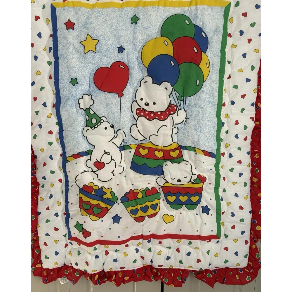 Vintage Carters Riegel Baby Blanket Balloon Bear Reversible Ruffle Comforter USA